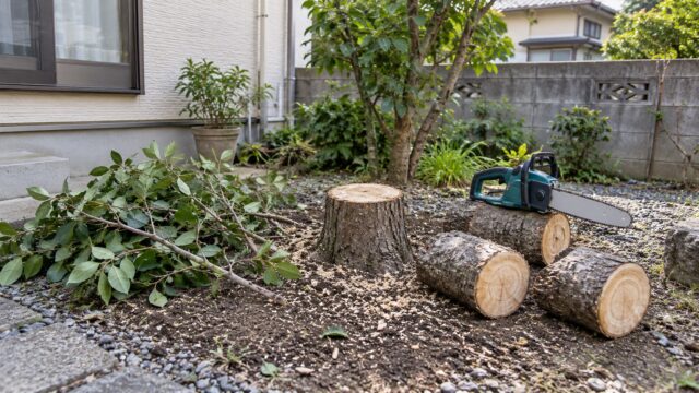 住宅の庭に残った切り株と伐採した庭木