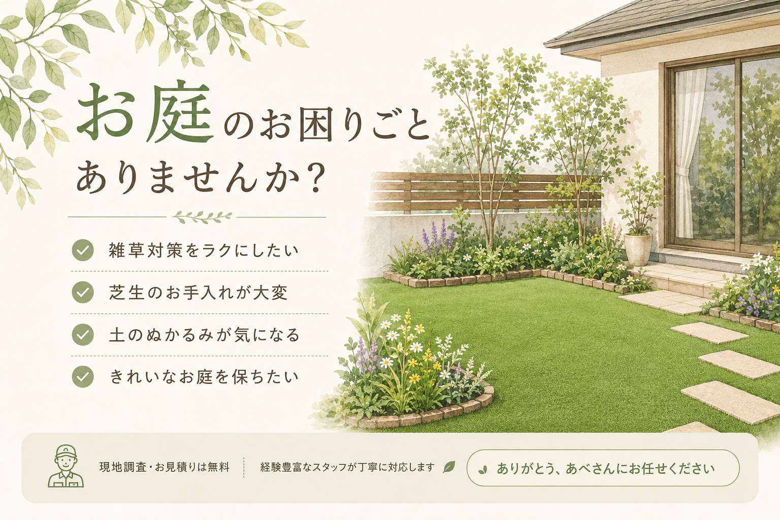 お庭のお困りごとありませんか？雑草対策・芝生のお手入れ・土のぬかるみのお悩み