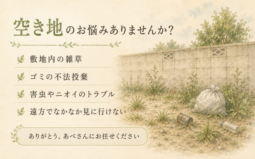 空き地のお悩みに対応（敷地内の雑草・ゴミの不法投棄・害虫やニオイのトラブル・遠方でなかなか見に行けない）