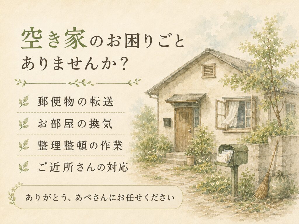 空き家のお困りごとに対応（郵便物の転送・お部屋の換気・整理整頓の作業・ご近所さんの対応）