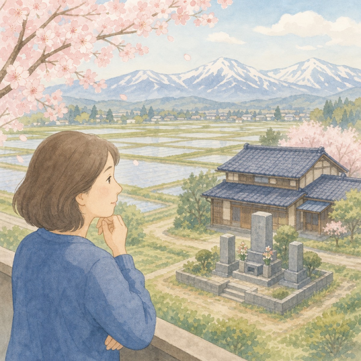県外に住む子世代が新潟の実家のお墓を想うイラスト