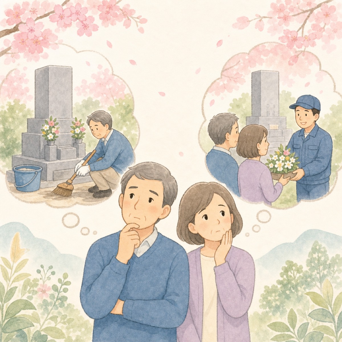 自分でお墓掃除に行くか便利屋に代行を頼むかで考える人のイラスト