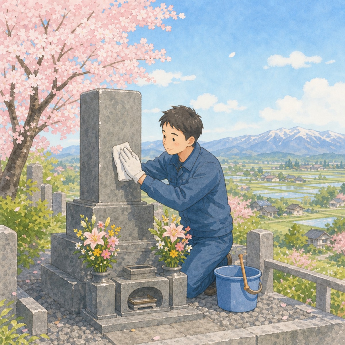 便利屋スタッフが新潟の伝統的なお墓を丁寧に掃除しているイラスト