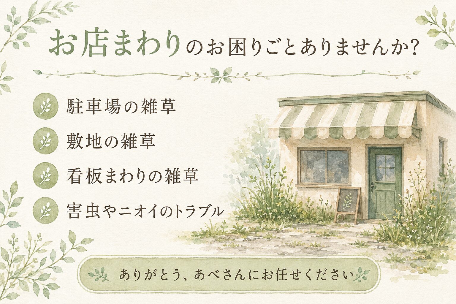 お店まわりのお困りごと（駐車場・敷地・看板まわりの雑草）