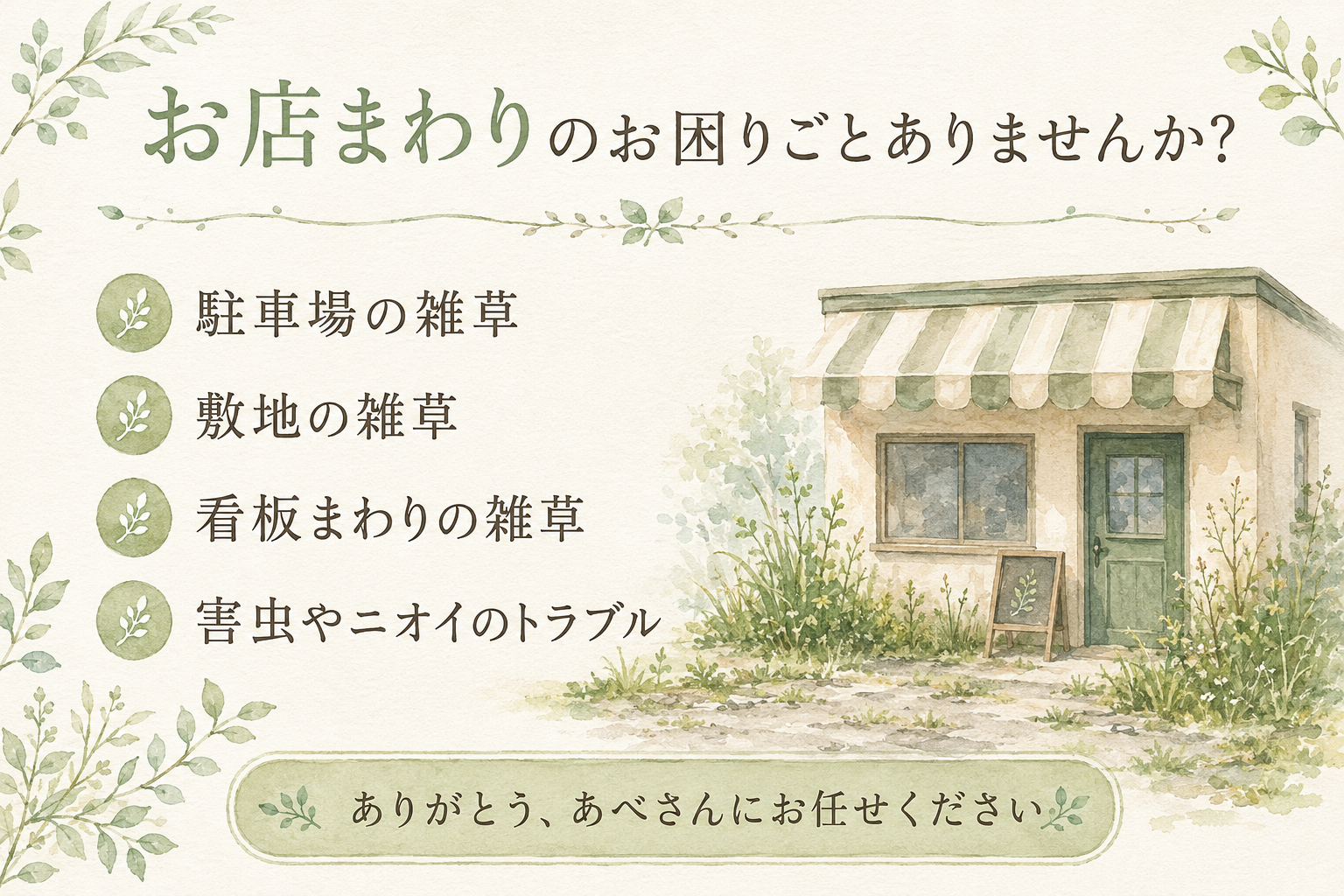 お店まわりのお困りごと(駐車場・敷地・看板まわりの雑草)