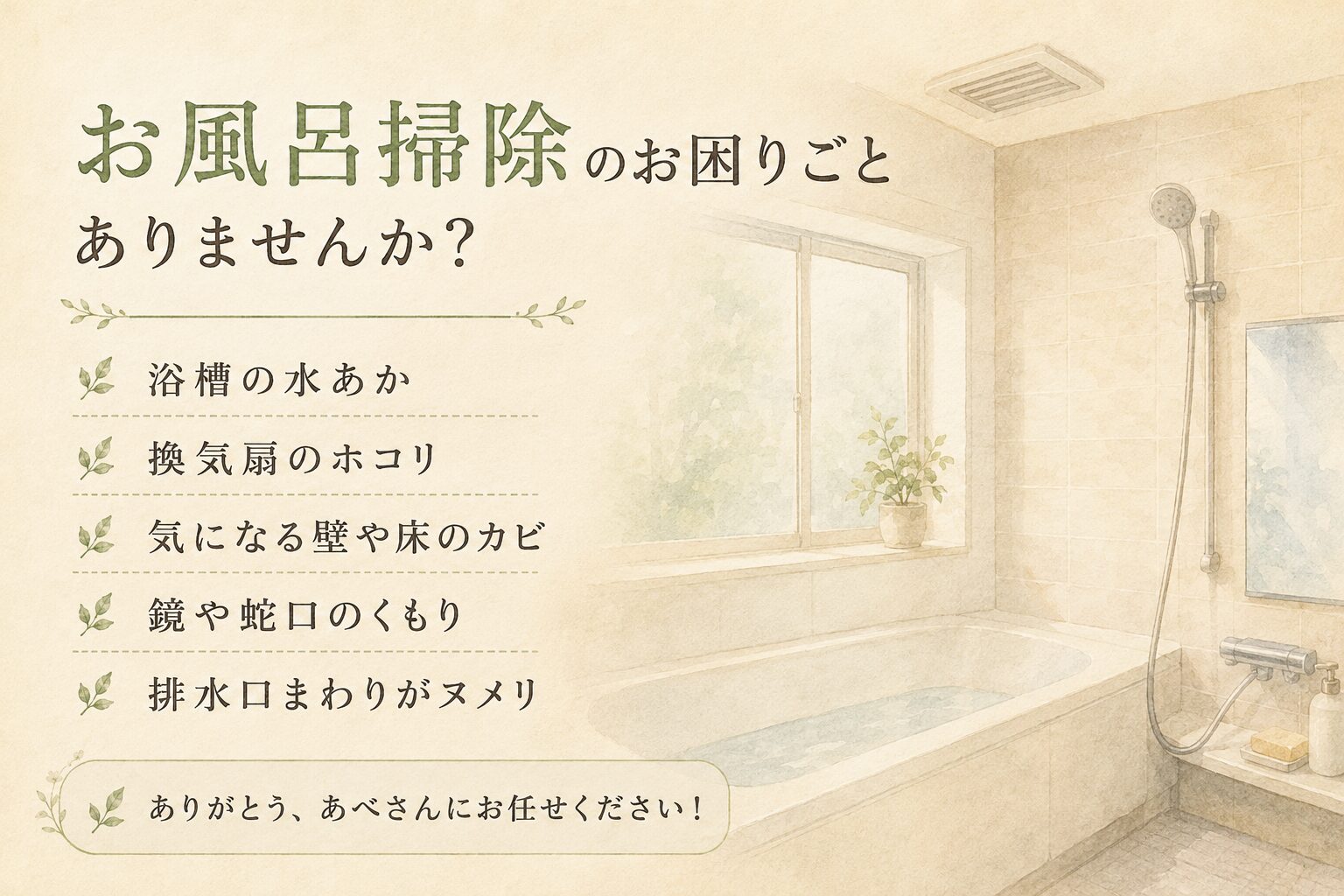 お風呂掃除でこんなお困りはありませんか（浴槽の水あか・換気扇のホコリ・壁や床のカビ・鏡や蛇口のくもり・排水口のヌメリ）
