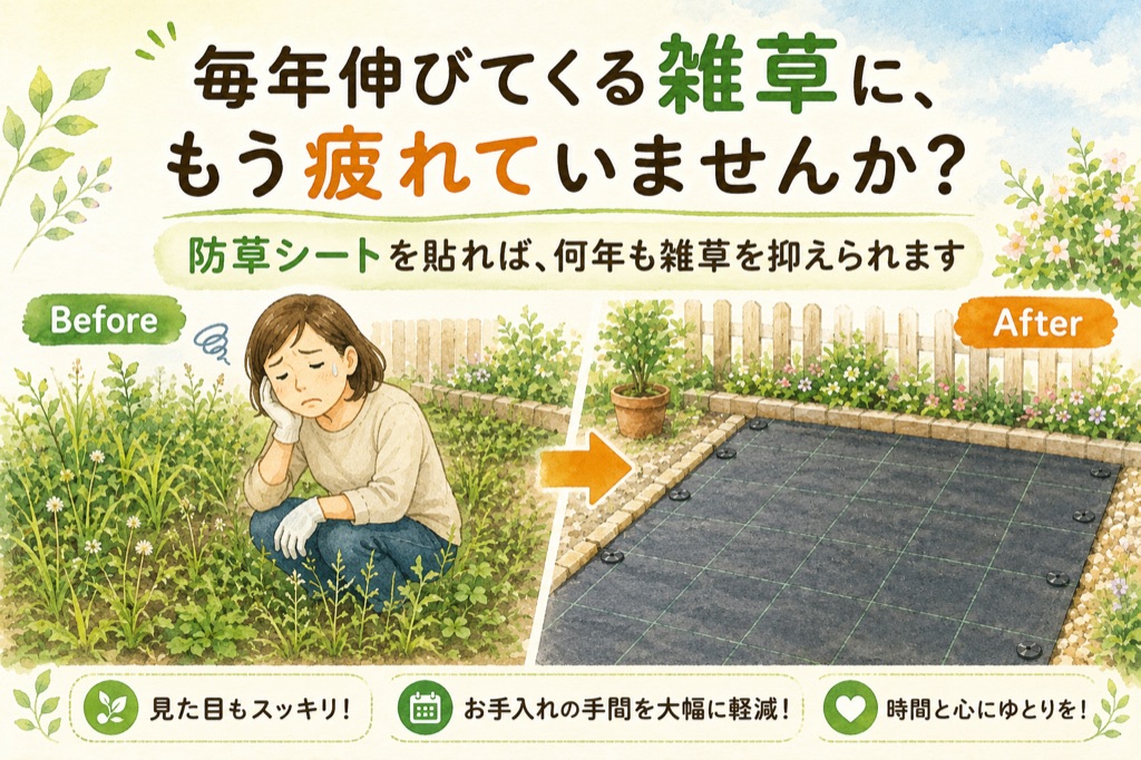 雑草が生えてくる庭に防草シート貼りでお困りの方